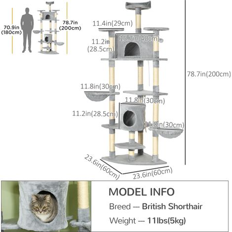 Arbre à chat gris foncé de 79 pouces avec plusieurs étages, comprenant deux appartements, une tour à chat avec griffoirs et deux hamacs. (1/5)