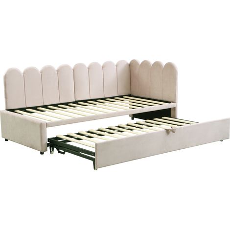 Divano letto angolare multifunzione beige in velluto 90 x 200 cm estendibile 180 x 200 cm MODENUIT (1/5)