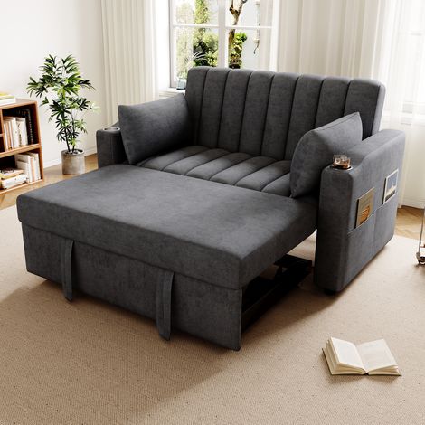 Schlafsofa 2-Sitzer aus Baumwoll-Leinenstoff Grau, verstellbare Rückenlehne, mit Getränkehaltern und Kissen, 136x162x84 cm (1/5)
