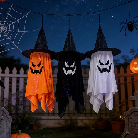 Confezione da 3 fantasmi pendenti di Halloween con cappello e luci a LED, decorazione spettrale per cortile, patio, giardino e feste (1/5)