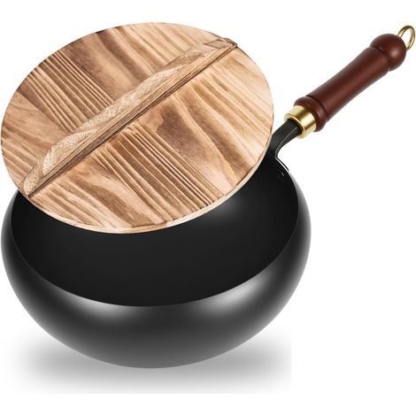 Sartén de hierro forjado, 24 cm, sartén de hierro forjado a mano con tapa de madera, sartén grande con apertura ancha, para placas de gas e inducción (1/5)