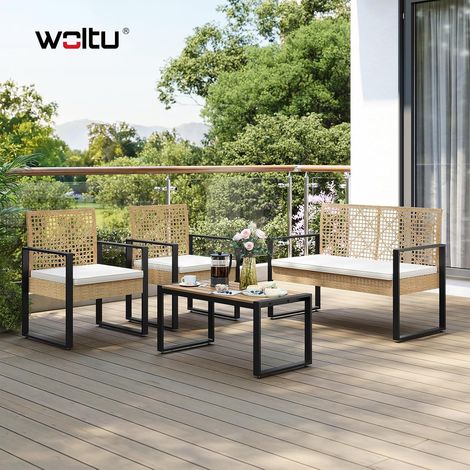 WOLTU Conjunto de jardín, sofá de 4 plazas con mesa, sofá de 2 plazas y 2 sillones con cojines extraíbles para jardín o piscina, color madera natural (1/5)