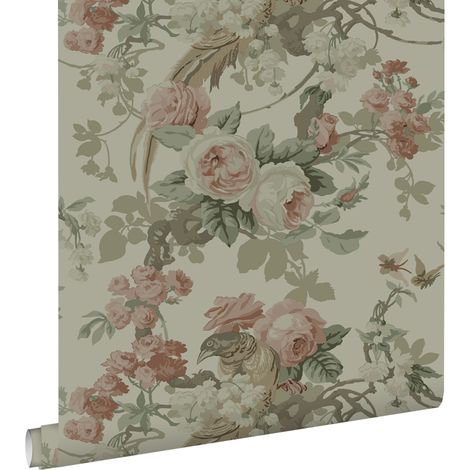 papier peint fleurs et oiseaux vert grisé - ESTAhome (1/5)