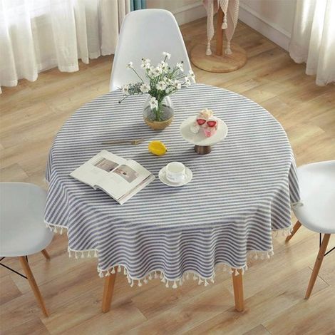 Mantel redondo con estampado de rayas azules y blancas y flecos (Ø 150 cm) – Aspecto de lino, estilo rústico, para mesas redondas (1/5)