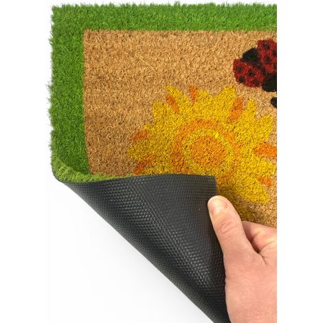 Tappeto Ingresso Esterno in Cocco - Zerbino Antiscivolo con Coccinelle e Girasoli - 40x70 cm