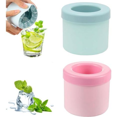 Lot de 2 bacs à glaçons ronds en silicone - Démoulage facile - 60 glaçons par remplissage - Idéal pour les boissons froides (bleu et rose) (1/5)