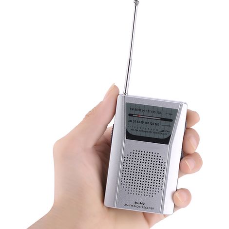 Mini radio portable universelle FM/AM avec haut-parleur intégré, couleur argent.