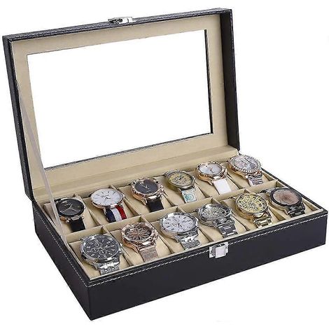 Boîte à montres en similicuir à 12 compartiments, compatible avec montres et bijoux, en verre (1/5)