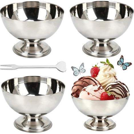Set of 4 Ice Cream Sundae Cups 200 ml, Stainless Steel Dessert Bowl with Forks, Dessert Bowl, Cocktail Glasses, Dessert Cups, Ice Cream Sundae Dessert Glasses for Fruit, Salad, Yoghurt and (1/5)