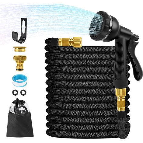 Ausziehbarer Gartenschlauch, 30 m, 100 Fuß, flexible Wasserschläuche, ausziehbarer Gartenschlauch mit 8-Funktions-Sprühpistole und 1/2-Zoll- und 3/4-Zoll-Adaptern für die Gartenbewässerung, schwarz