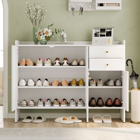 Mueble Zapatero con 3 Puertas y 2 Cajones, Estantes Ajustables, con Sistema Antivuelco, en MDF y Tablero de Partículas, 120×35×90 cm, Blanco (1/5)