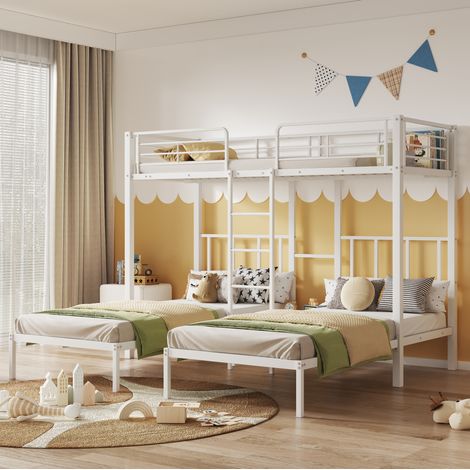 DESVIAE Lit superposé triple en métal avec échelle table de rangement et garde corps haut pour enfants et adolescents 3 couchages 90 x 200 cm blanc (1/5)