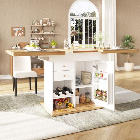 Ausziehtisch (110x80x75 cm), mit Klapptür, Schublade, verstellbaren Regalen, Snack und Weinregalen, MDF, Natur und Weiß (1/5)