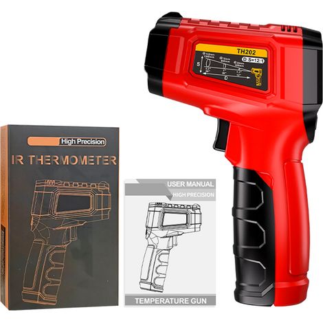 Thermomètre infrarouge, pistolet de détection de température sans contact, -50°C à 600°C (-58°F1112°F) avec émissivité réglable, rapport D:S 12:1, rétroéclairage LCD, alarme Hi/Lo, maintien des donnée (1/5)
