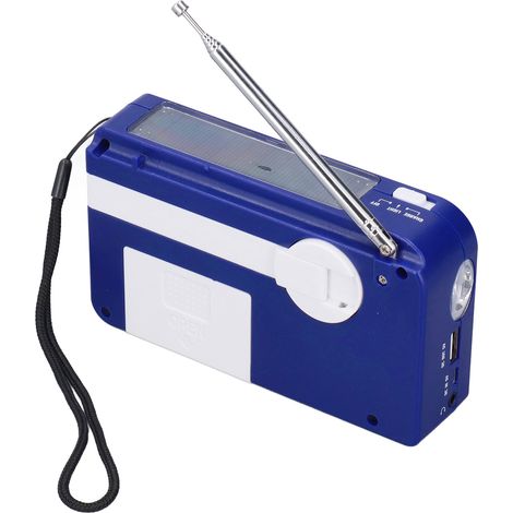 Lampe torche d'urgence radio à manivelle et solaire, charge USB avec batterie intégrée (livrée sans pile dans le compartiment), bleu (1/5)