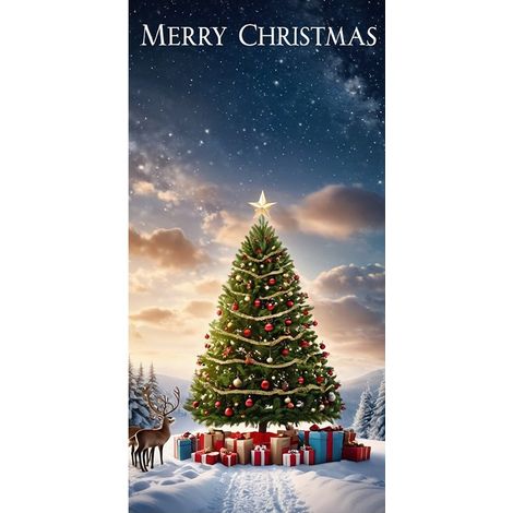 Rideau de porte de Noël 2026, bannière extérieure avec fond photo Père Noël et chien, tissu à suspendre - 90 x 180 cm (œillets + ruban) - 1
