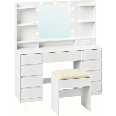 Coiffeuse avec tabouret, miroir LED, multiprise, 9 tiroirs, Éclairage 3 Couleurs, Blanc