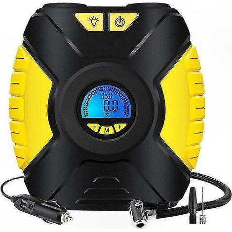 Gonfleur électrique 12V compact pour pneus auto et vélo, avec lampe LED intégrée, manomètre de pression et adaptateurs de valves, outil pratique de gonflage portable. (1/5)