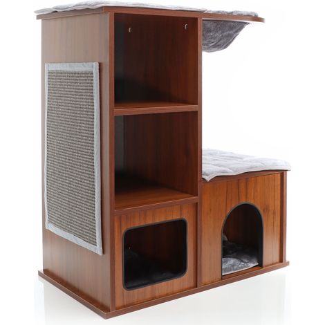 Fudajo Casa para gatos madera marrón oscuro árbol rascador con cojín alfombrilla rascadora de sisal (1/5)