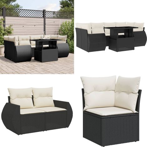 Salon de jardin 7 pcs avec coussins noir résine tressée - Ensemble Salon De Jardin - Meuble Extérieur - Jardin Design - Mobilier De Jardin - Set Salon - Home & Living (1/5)