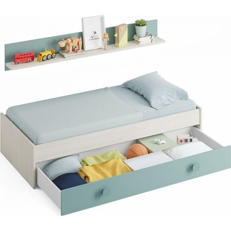 Lit gigogne pour enfant, 2 lits + étagère, blanc et vert d’eau, dimensions : 200 x 98 x 43 cm (l x P x H). (1/3)