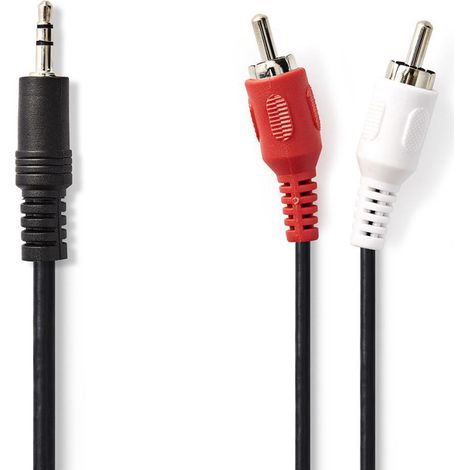 Câble audio stéréo Nedis CAGT22200BK15, prise jack 3,5 mm mâle - 2 prises RCA mâles, 1,5 m, noir (1/2)