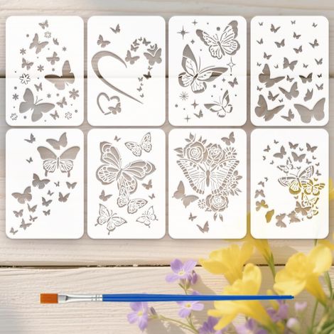 8Pcs Pochoir de Peinture Papillons Volants Avec Pinceau 21x29.7cm Modèle de Dessin de Motif Papillon Silhouettes de Papillon Pochoir D'Art DIY pour Peinture sur Bois Mur Tissu Meubles (1/5)