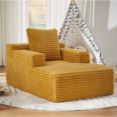 Chaise longue en velours côtelé jaune, fauteuil relax et canapé-lit sans montage,81x117x50 cm (1/5)