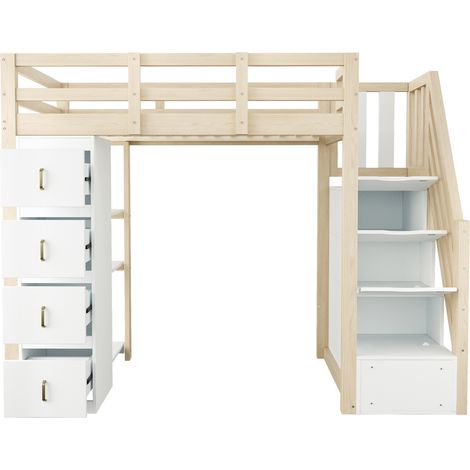 Letto a soppalco 90 x 200 cm con contenitori, scala sicura e ripiani, legno naturale HOMVRA (1/5)