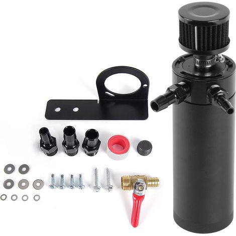 Black extended two-hole oil vent can, 750ml, waste gas and waste oil recovery can with air filter support and drain valve. (1/4)