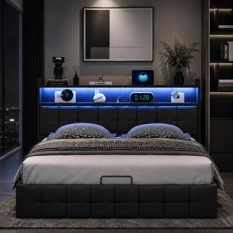 Lit coffre 140x190 cm avec sommier à lattes, lit double capitonnée avec chevet, LED et USB, rangement hydraulique, velours gris (1/5)