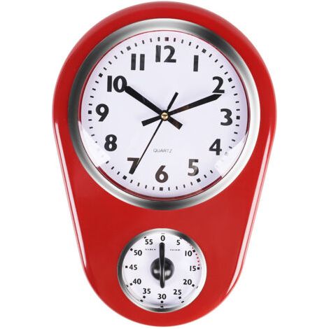 PA Küchenwanduhr mit Timer, rote Küchenwanduhr, rotes ABS-Glas, Vintage-Wanduhr, große Heimuhr, Küchentimer (1/5)