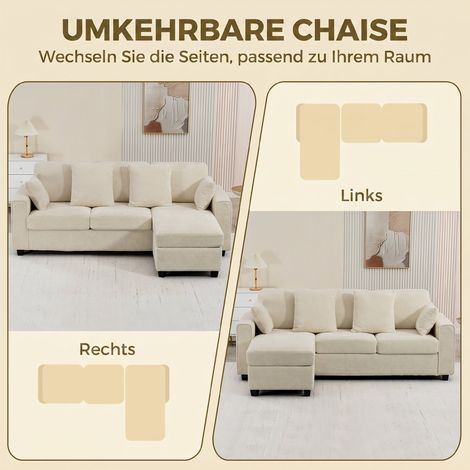 Canapé d'angle réversible avec méridienne, canapé 3 places velours beige, assise spacieuse et profonde, coussins garnis de plumes