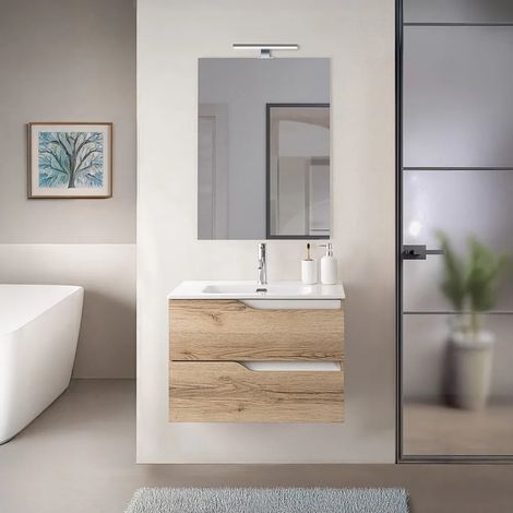 Mobile bagno sospeso 60cm quercia e bianco con lavabo e specchio Sumya (1/5)