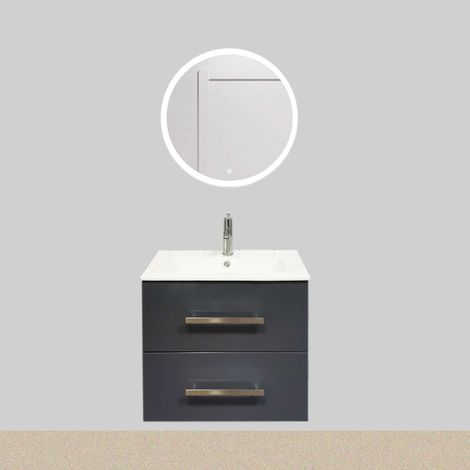Meuble sous vasque suspendu Chania 60 cm Gris brillant avec miroir rond LED 60cm