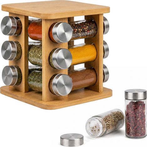 Relaxdays Spice Carousel, 12 spice jars, 360° rotating spice rack, H x W x D: 21 x 17 x 17 cm, bamboo, natural (1/5)