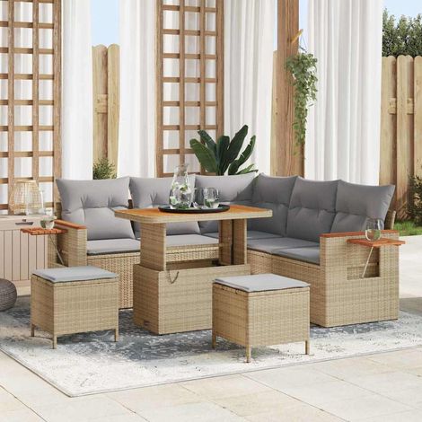 Gartensofa-set mit Kissen 9 pcs Beige und Hellgrau Poly-Rattan (1/5)