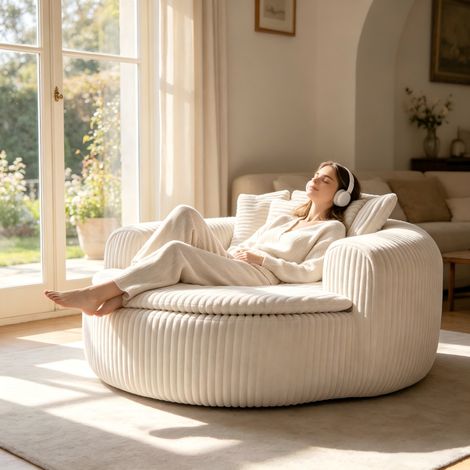 Canapé lounge adulte en velours côtelé beige, assise profonde 89x90 cm, larges accoudoirs enveloppants, mousse haute densité, 5 coussins beige (1/5)