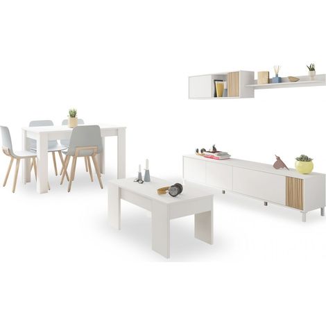 Pack salón con mesa de centro y mesa de comedor Nitza Max V2B Blanco Artik (Blanco Mate) - Natur (ancho) x 47cm (alto)