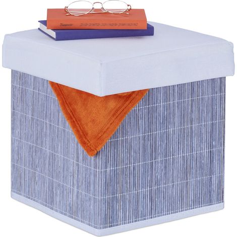 Relaxdays Puff Almacenaje Plegable, Acolchado Suave, 35 x 35 x 35 cm, Taburete Cuadrado, Tela, Bambú, Gris y Blanco