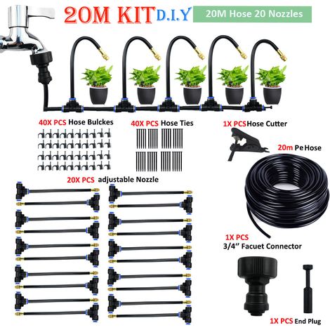 Kit brumisateur 20m avec 20 buses orientables en laiton, tuyau PE 8mm anti-UV, système d'arrosage grand jardin et terrasse (1/5)