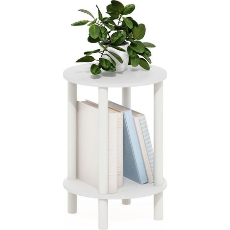 Table D'Appoint, Table De Chevet Ronde À 2 Niveaux, Montage sans Outil, avec Étagère Ouverte, pour Salon Ou Chambre, Blanche (1/5)