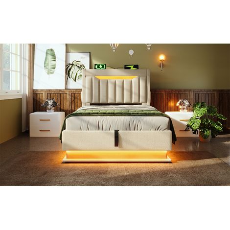 Lit rembourré 90x200 cm, lit simple avec tête de lit de rangement, ports USB et Type-C, éclairage LED à la tête et au pied du lit, coffre hydraulique, beige, lin (sans matelas) (1/5)