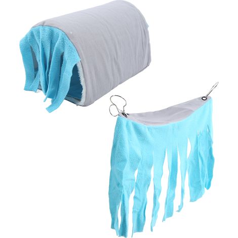 Tunnel pour animaux de compagnie, cachette amovible pour petits animaux avec hamac et rideaux à pompons, bleu (1/5)