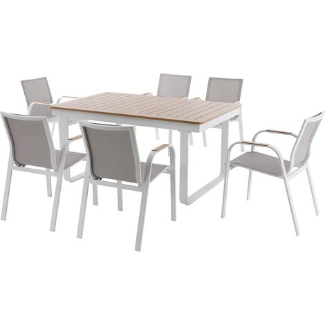 Sala da pranzo da giardino in alluminio: tavolo allungabile in alluminio L.155/246 cm e 6 poltrone - Naturale chiaro e bianco - SERUNO di MYLIA