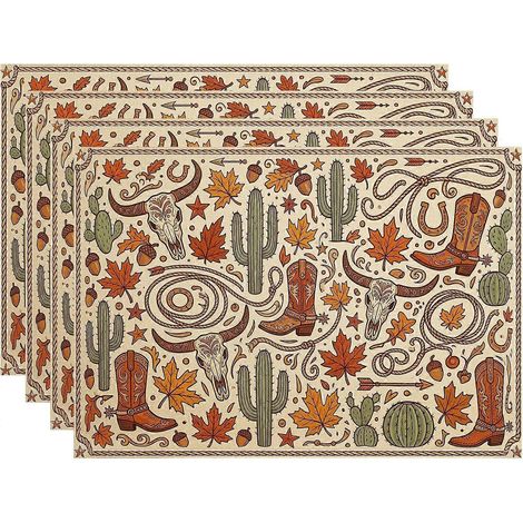 Set de 4 sets de table « Bottes de cowboy », style western rustique, avec cactus et feuilles d'automne, marron, lavables et antidérapants. Décoration rectangulaire. (1/5)