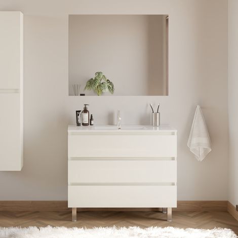 Meuble de salle de bain 100cm simple vasque - 3 tiroirs - blanc brillant - MAYOR