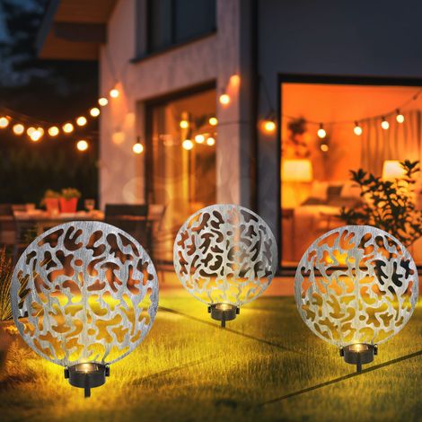 Lampe solaire à brancher, lampe solaire ronde, lampe d'extérieur, décoration de jardin, piquet de terre, effet lumineux, métal argenté antique, 2x LED blanc chaud, LxlxH 30x10x41 cm, lot de 3