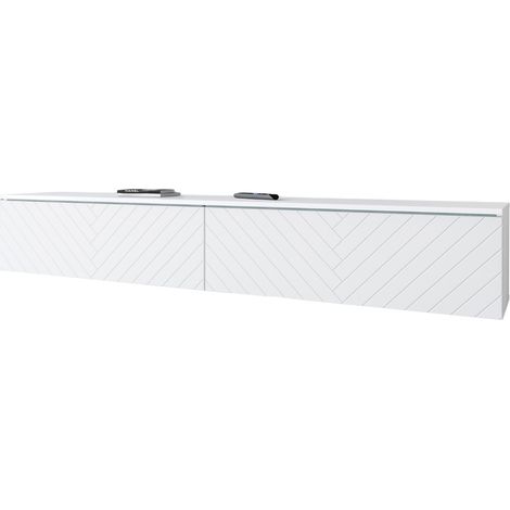 Mobile TV da 180 cm per soggiorno, senza maniglie, finitura opaca, frontali in MDF bianco a spina di pesce. (1/5)