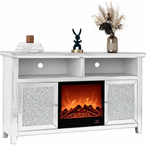 Meuble TV avec Cheminée ÉTINCELLE – 146x40x85 cm – Effet Miroir Chic (1/4)